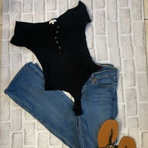 Black ribbed thong bodysuit